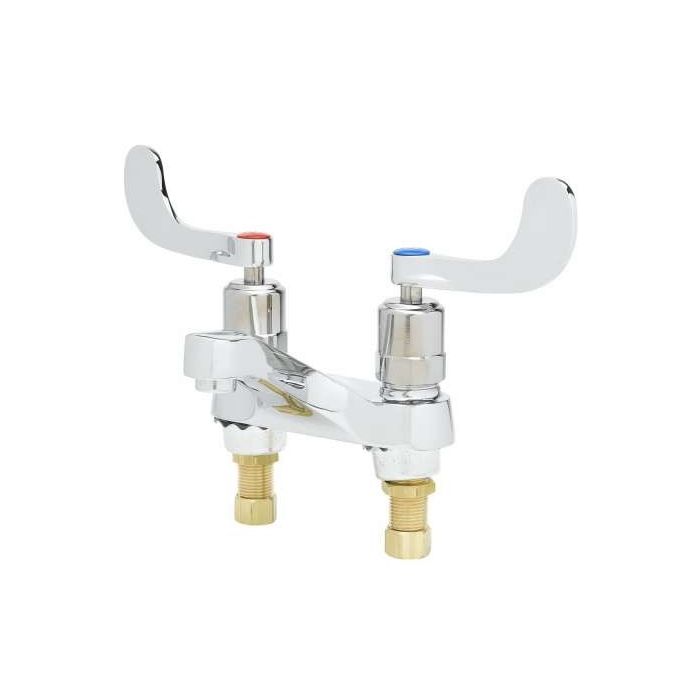 T&S, Metering Faucet, Two Hole, Wrist Action, Deck Mount, 1/2 inch NPSM Male Inlets, Chrome, Hot / Cold Temperature