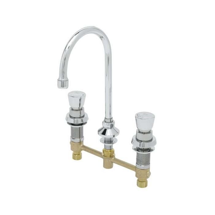 T&S, Lavatory Metering Faucet, Three Hole, Push Button, Deck Mount - Concealed, 1/2 inch NPT Male Inlets, Chrome, Hot / Cold Temperature